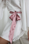 MILEY - White Bridal Robe with PINK accent belt 100% Pure Silk