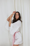 MILEY - White Bridal Robe with PINK accent belt 100% Pure Silk