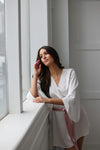 MILEY - White Bridal Robe with PINK accent belt 100% Pure Silk
