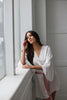 MILEY - White Bridal Robe with PINK accent belt 100% Pure Silk