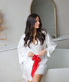 MILEY - White Bridal Robe with RED Accent Belt 100% Pure Silk