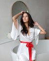 MILEY - White Bridal Robe with RED Accent Belt 100% Pure Silk