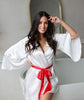 MILEY - White Bridal Robe with RED Accent Belt 100% Pure Silk