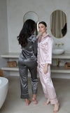 100% Mulberry Silk Pyjamas Set - GREY with pink trim