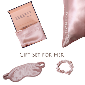 Gift Set for Her | Pink Pure Mulberry Slip Silk Queen Zip Pillowcase, Sleep Mask and Silk Scrunchy - Elation and Co - Silk Gift Set