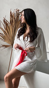 MILEY - White Bridal Robe with RED Accent Belt 100% Pure Silk