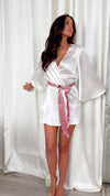 MILEY - White Bridal Robe with PINK accent belt 100% Pure Silk