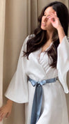 MILEY - White Bridal Robe with BLUE accent belt | 100% Pure Silk